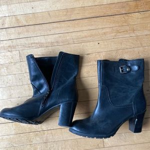 black leather heeled booties
